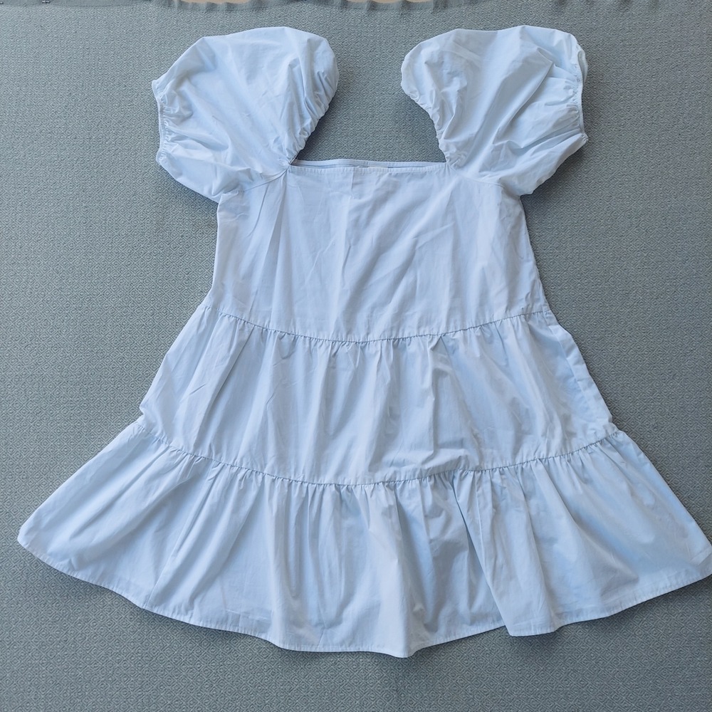 H&M Dress Womens Medium White Tiered Babydoll Puff Sleeve Square Neck Mini Dress